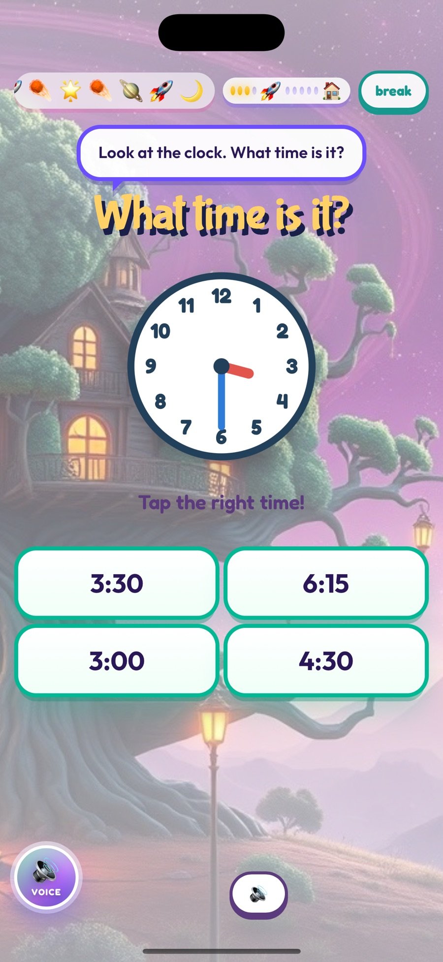 Telling time question: an analog clock showing 3:30 and four answer buttons, 3:30, 6:15, 3:00 and 4:30.