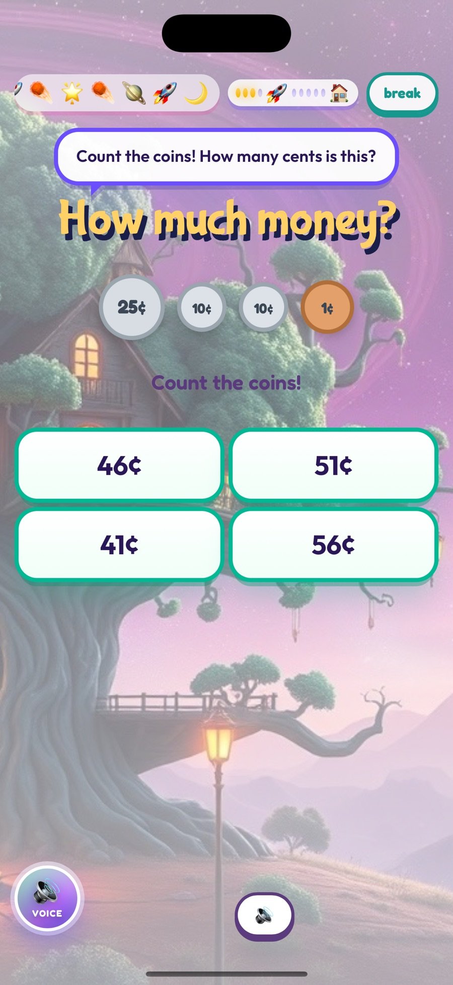 Money question: a quarter, two dimes and a penny, with the prompt 'Count the coins! How many cents is this?' and four answer choices.