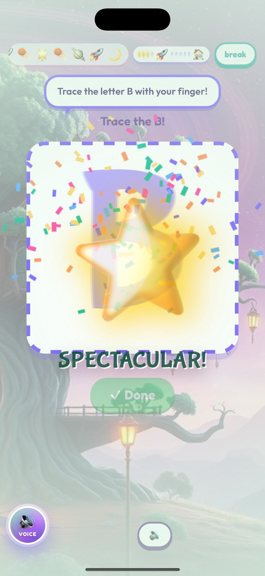 Letter tracing: the letter B in a dashed box with confetti, a gold star and the word SPECTACULAR after a successful trace.
