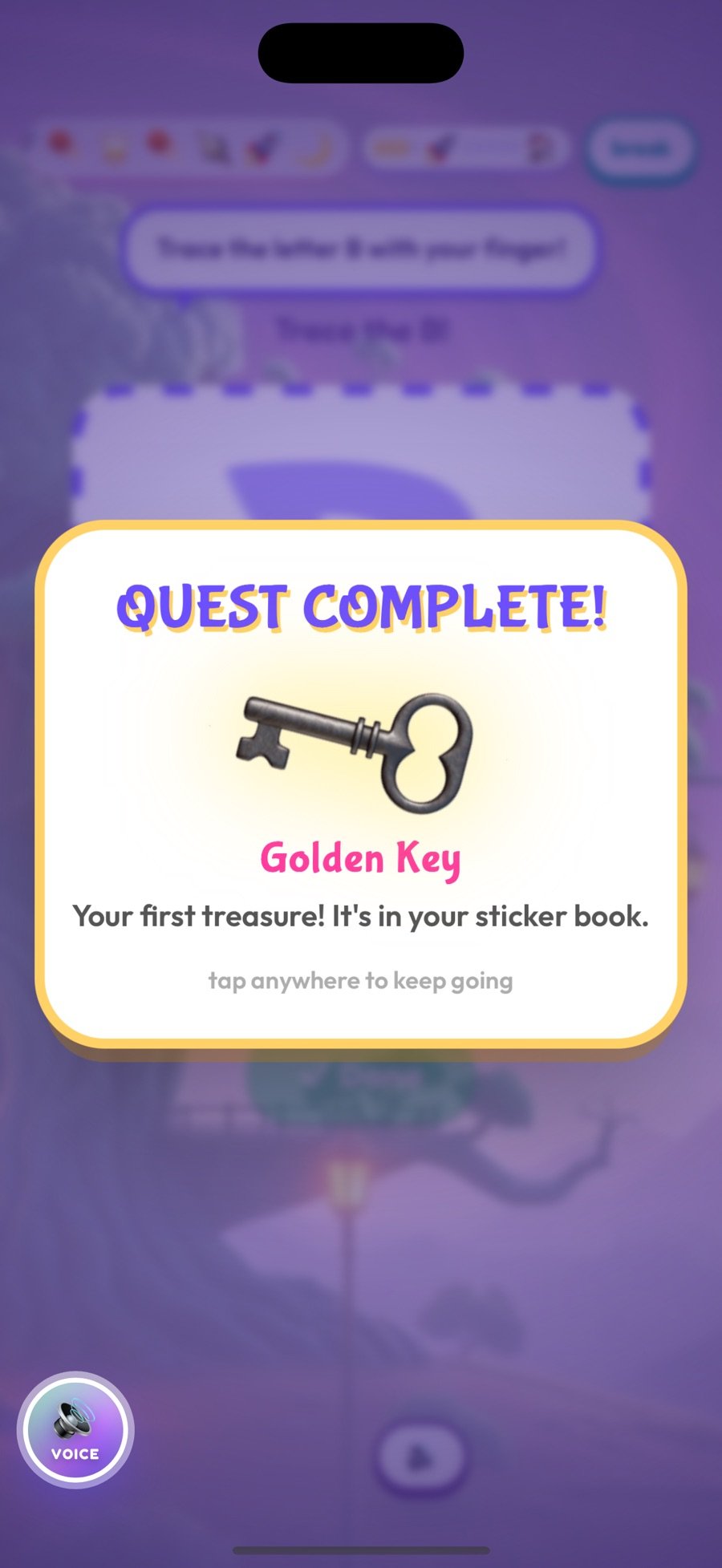 Quest complete card showing a key treasure named Golden Key and the line 'Your first treasure! It's in your sticker book.'