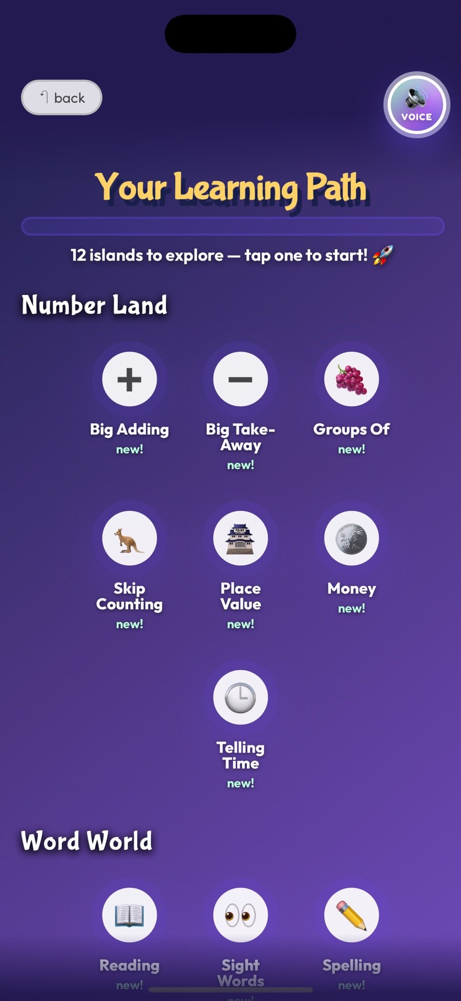 Your Learning Path screen, '12 islands to explore', with Number Land islands such as Big Adding, Big Take-Away, Groups Of, Skip Counting, Place Value, Money and Telling Time, and Word World islands for Reading, Sight Words and Spelling.