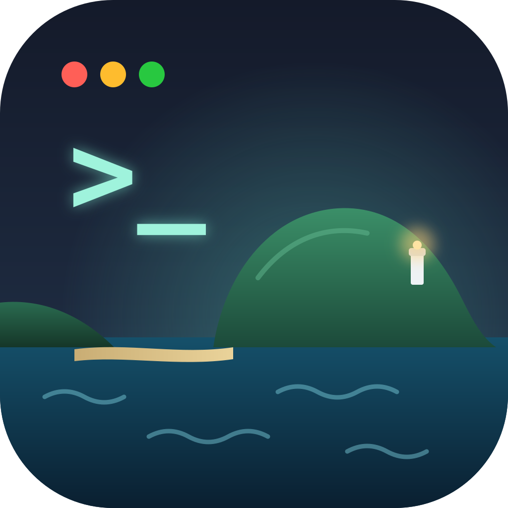 Trinidad Head icon: a green headland with a lighthouse, tied to the shore by a strip of sand, under a terminal prompt