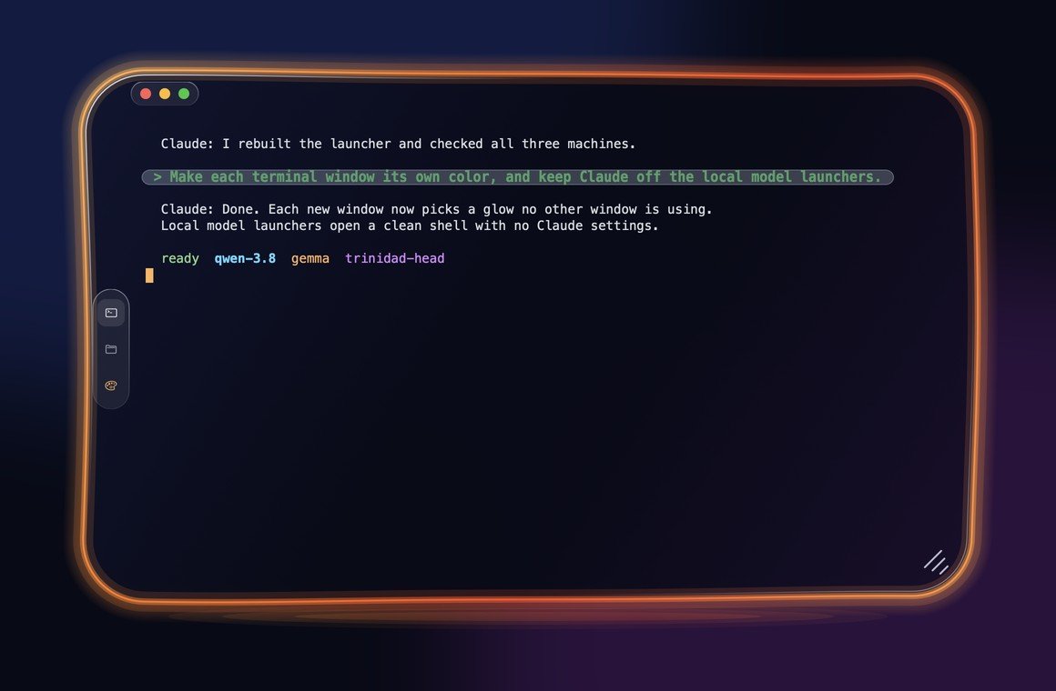 A Trinidad Head window: dark glass with an orange neon rim, a small sidebar and a highlighted prompt