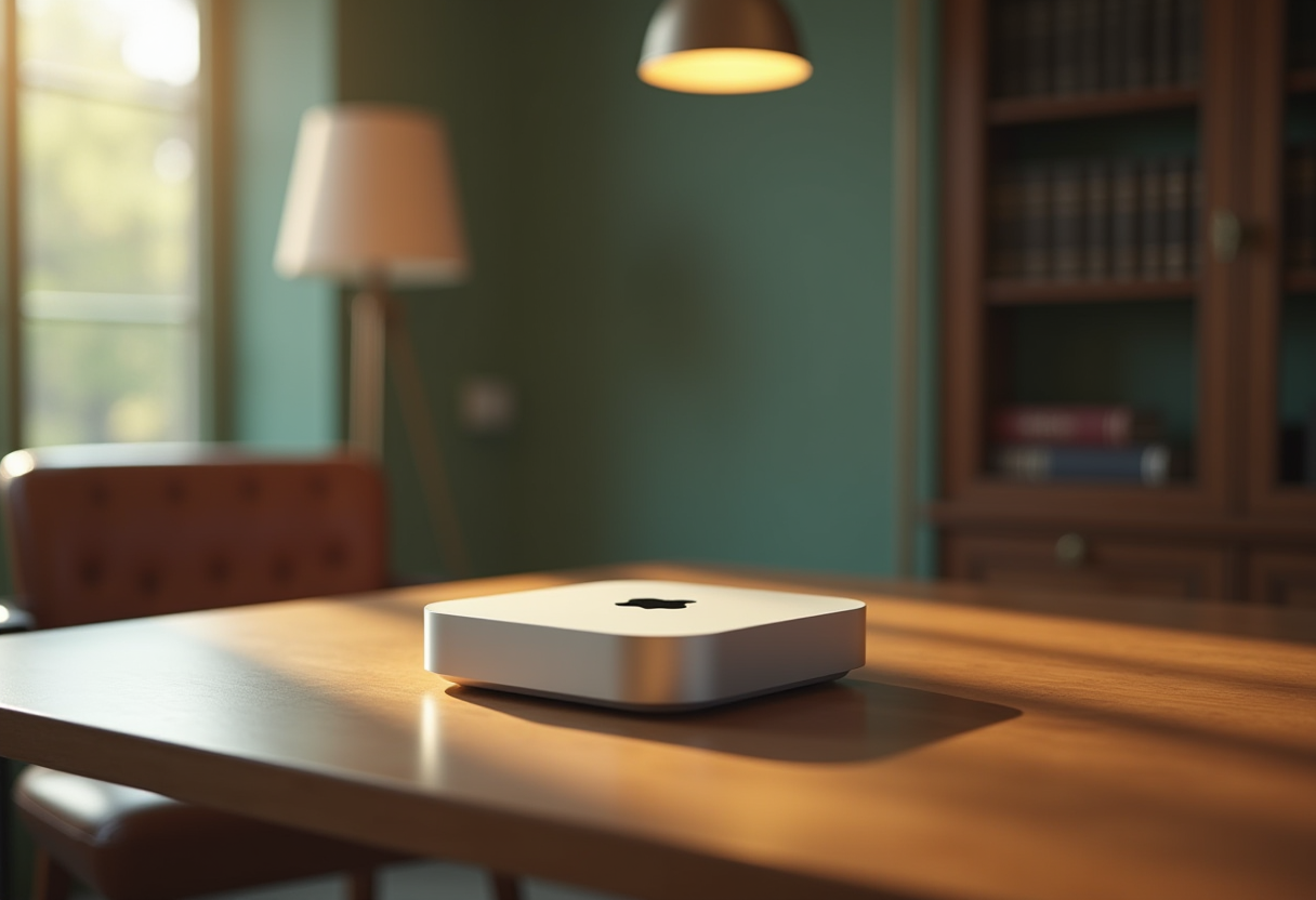 Apple Mac mini in brushed aluminum on a wooden desk in a law office with warm afternoon light