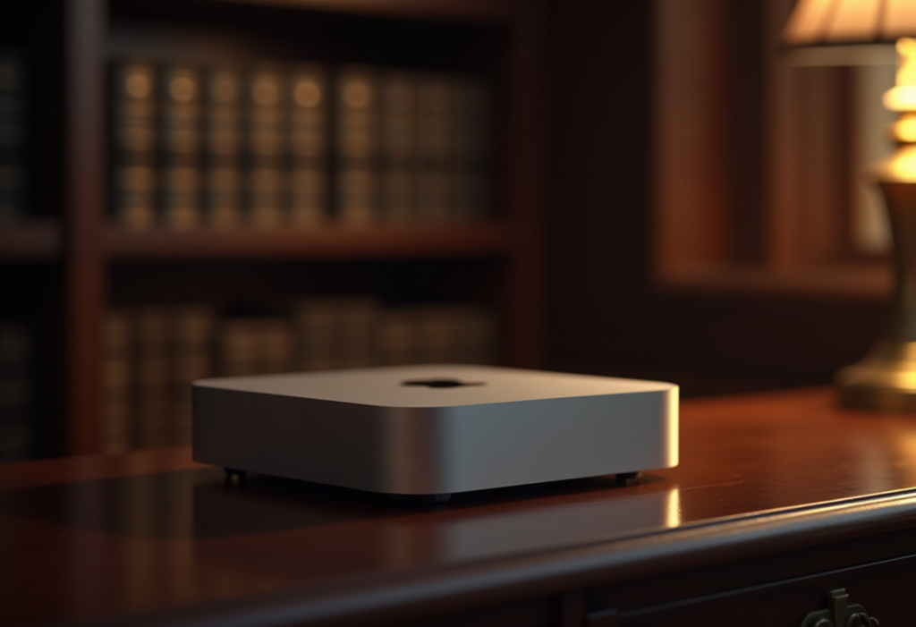 Brushed Mac mini on a polished mahogany desk in a quiet law office at dusk with leather-bound law books and warm desk lamp glow