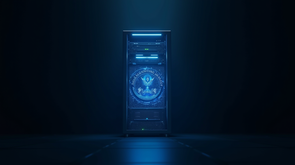 Glowing AI server rack going dark behind a US government seal