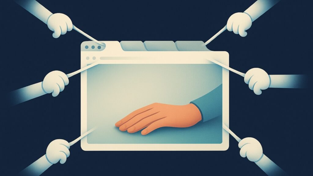 A browser window with a human hand resting on the page while small robot hands pull its tabs in different directions