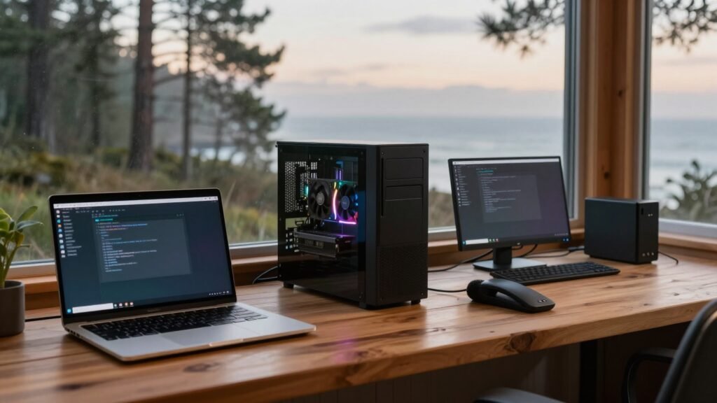 A laptop, a Windows tower with a glowing GPU and a mini PC on a desk by a foggy window