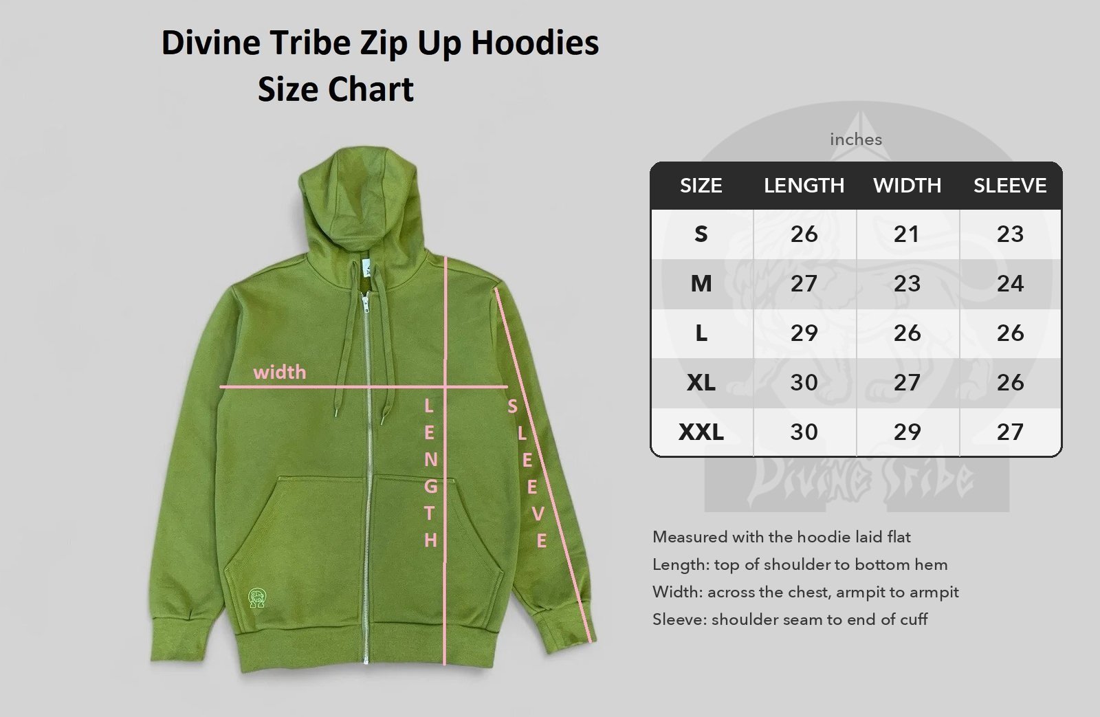 Hemp zip up hoodie size chart in inches