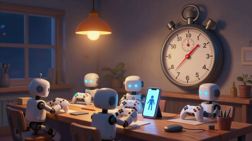 Small robots working late at a wooden bench building game controllers beside a phone showing a body, with a giant stopwatch on the wall