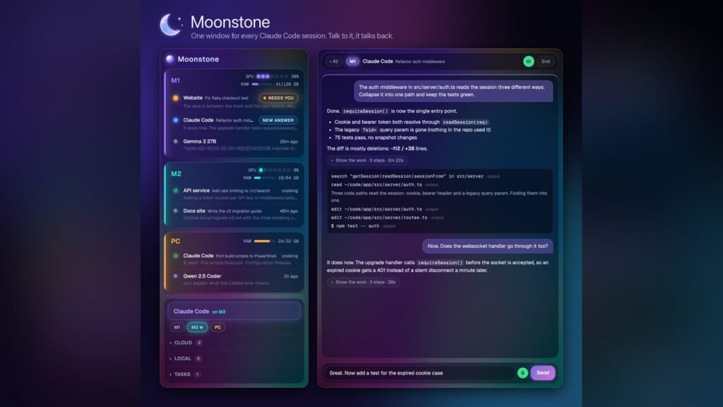 Moonstone session list and an open conversation, demo data