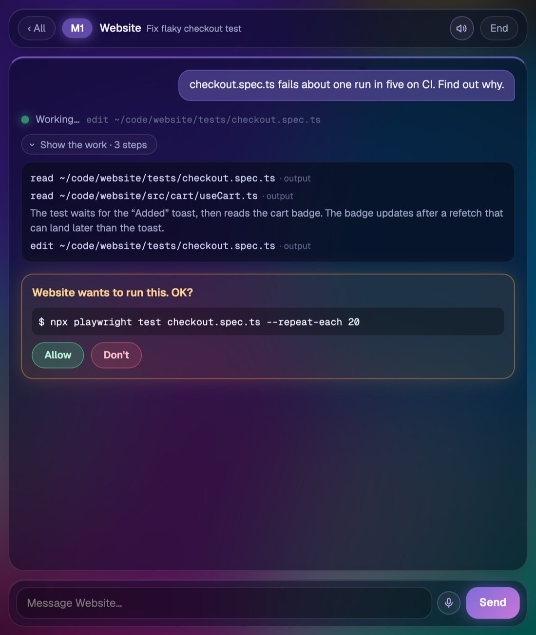 A Moonstone session asking permission to run a test command, with Allow and Don't buttons