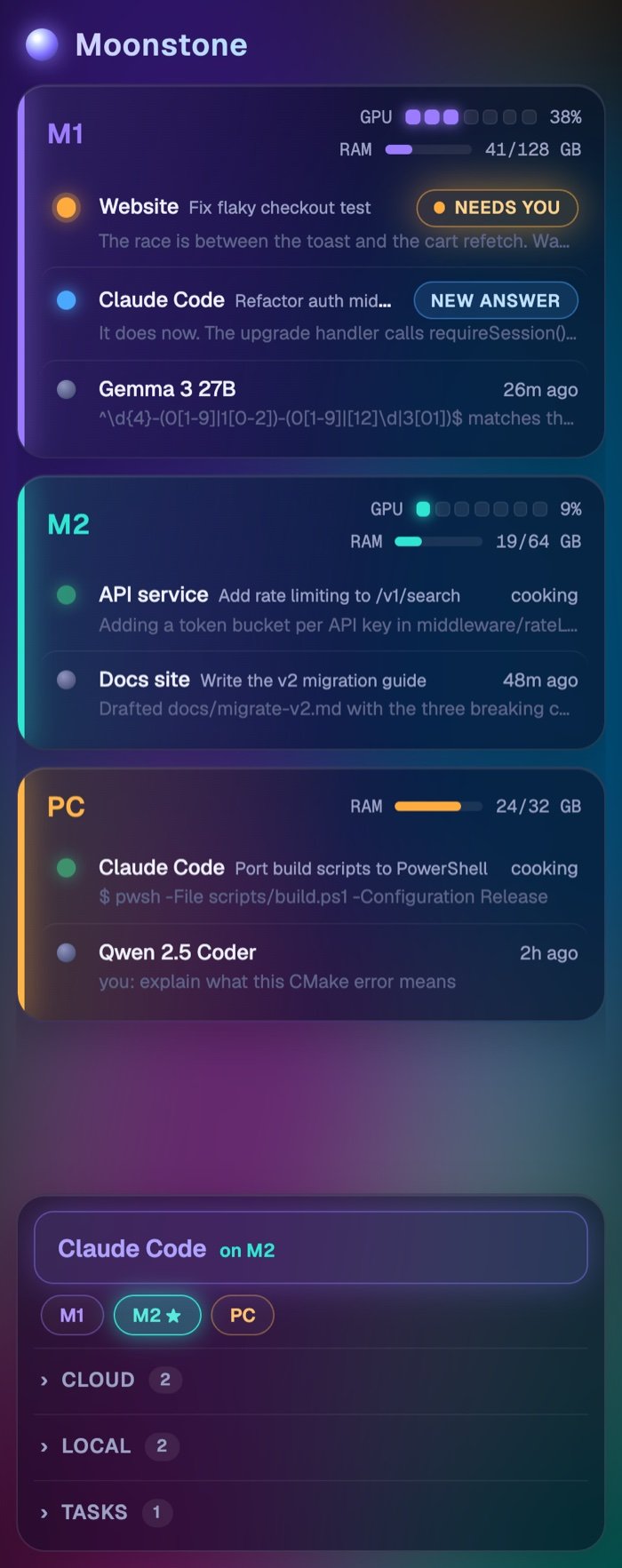 Moonstone session list grouped into three machines with GPU and RAM gauges