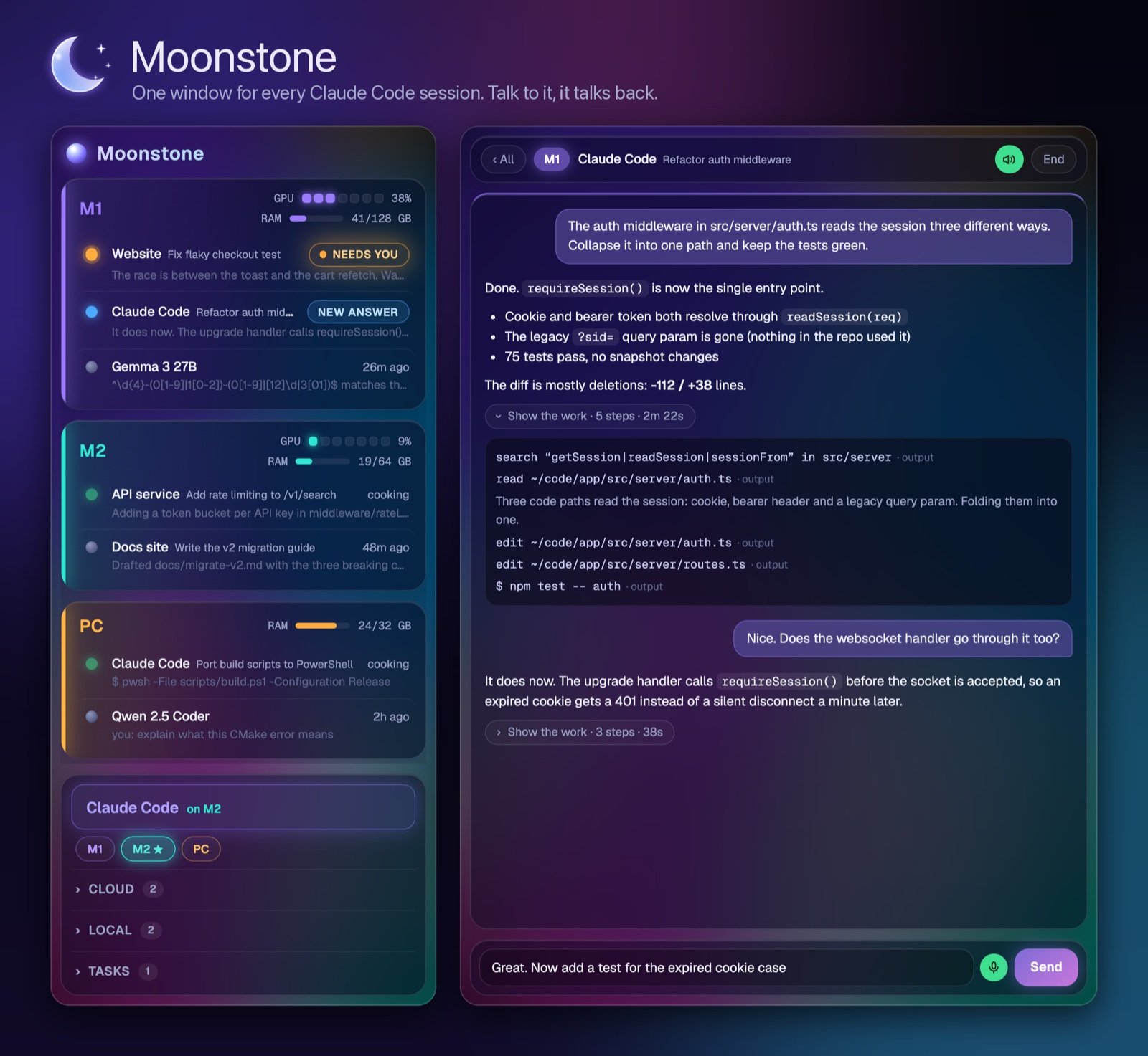 Moonstone showing a list of Claude Code sessions grouped by machine next to an open conversation